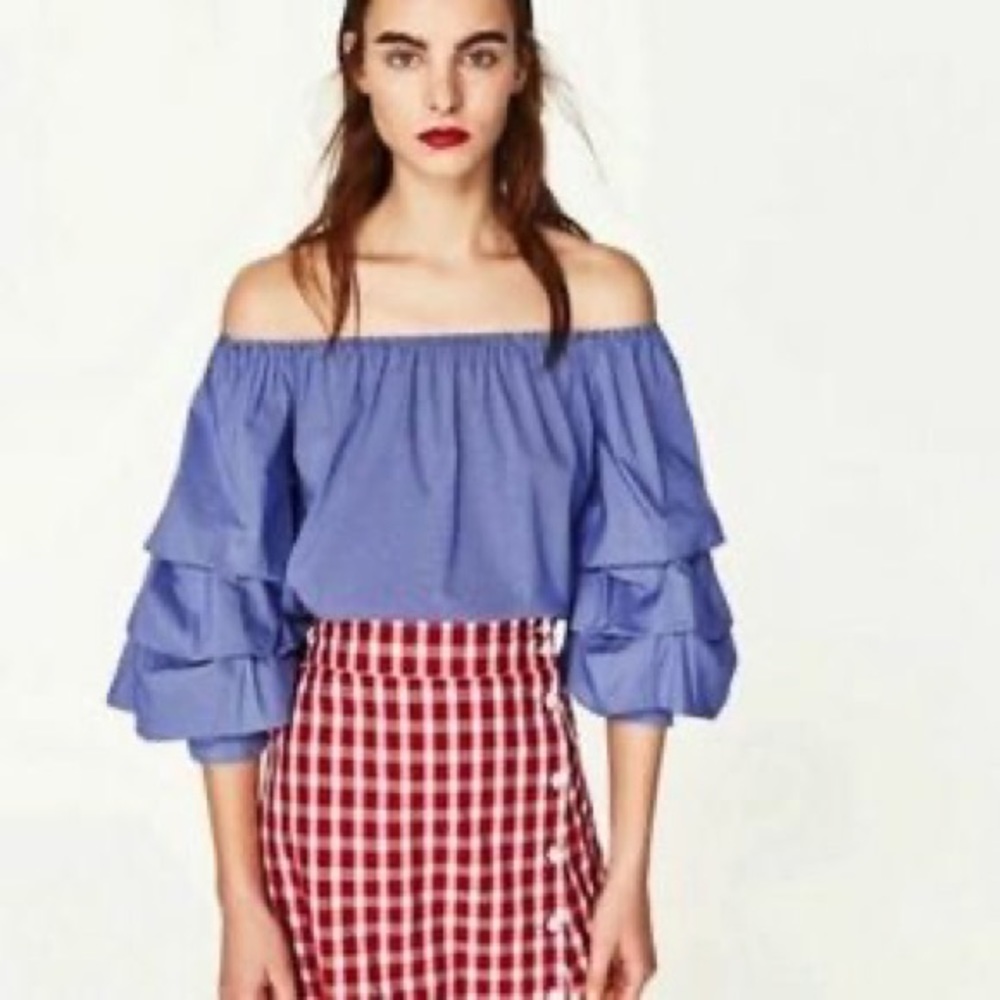 Zara Off Shoulder Pinstripe Blouse Ruffled Sleeve Blouse